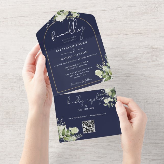 Dusty Blue Finally Arch GreeneryQR Code Wedding All In One Invitation (Tearaway)
