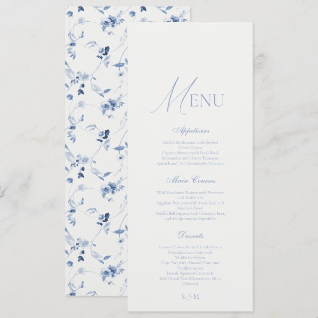 Dusty Blue Fine Art Floral Wedding Menu  Invitation (Front/Back)