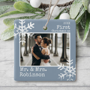 Dusty Blue First Christmas Married Photo Ceramic Ornament