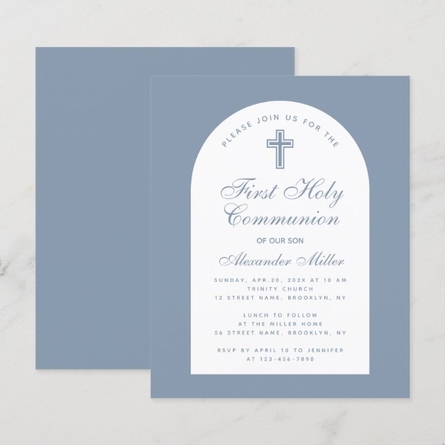 Dusty Blue First Communion Budget Arch Invitation (Front/Back)