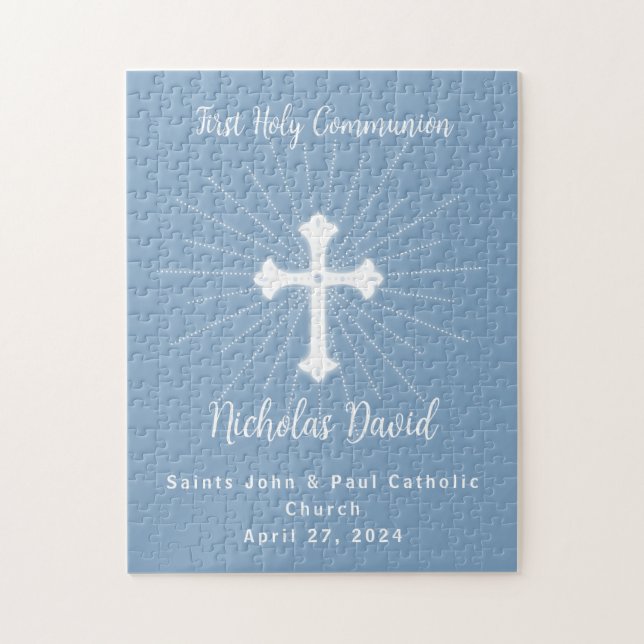 Dusty Blue First Communion with Cross Jigsaw Puzzle (Vertical)