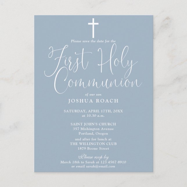 Dusty Blue First Holy Communion Save The Date Postcard (Front)