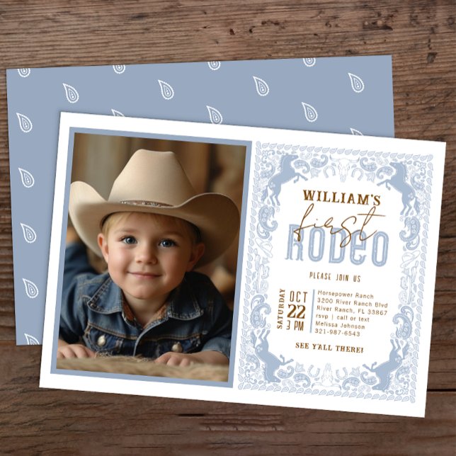 Dusty Blue First Rodeo Photo Invitation – Western  (Dusty Blue Rodeo Invitation)