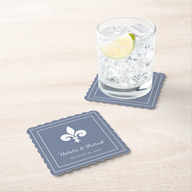 Dusty Blue Fleur de Lis Wedding Paper Coasters (Insitu)