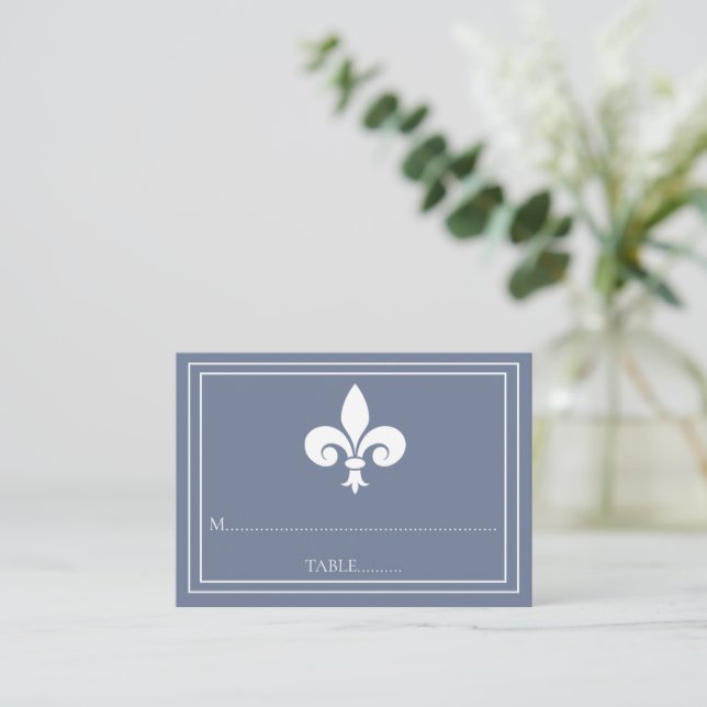 Dusty Blue Fleur de Lis Wedding Place Cards (Standing Front)