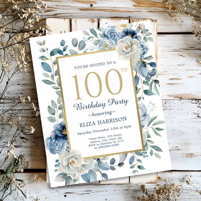 Dusty Blue Floral 100th Birthday Budget Invitation (Creator Uploaded)