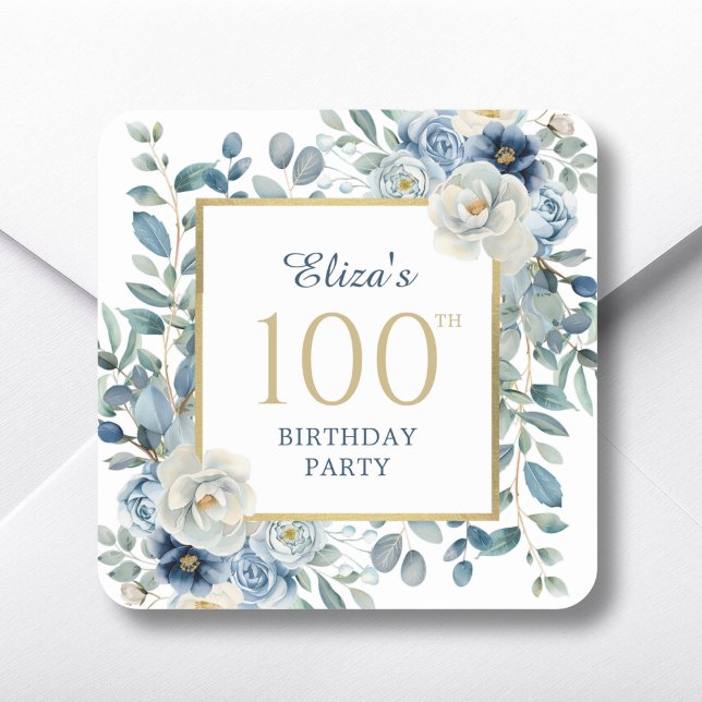 Dusty Blue Floral 100th Birthday Favour Square Sticker (Creator Uploaded)