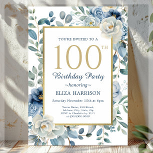 Dusty Blue Floral 100th Birthday Invitation