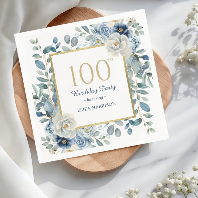 Dusty Blue Floral 100th Birthday  Napkin (Creator Uploaded)