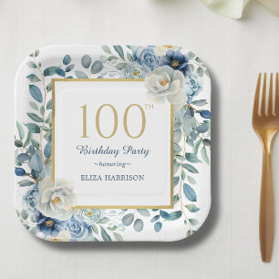 Dusty Blue Floral 100th Birthday Paper Plate