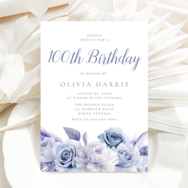 Dusty Blue Floral 100th Birthday Party Invitation (Creator Uploaded)
