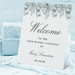 Dusty Blue Floral 100th Birthday Party Welcome Pedestal Sign