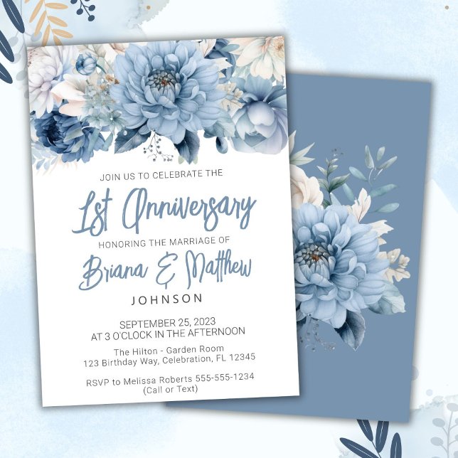 Dusty Blue Floral 1st Wedding Anniversary  Invitation (Creator Uploaded)