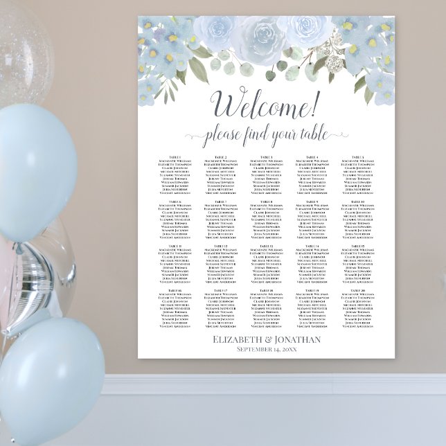 Dusty Blue Floral 20 Table Wedding Seating Chart (In Situ on Wall)