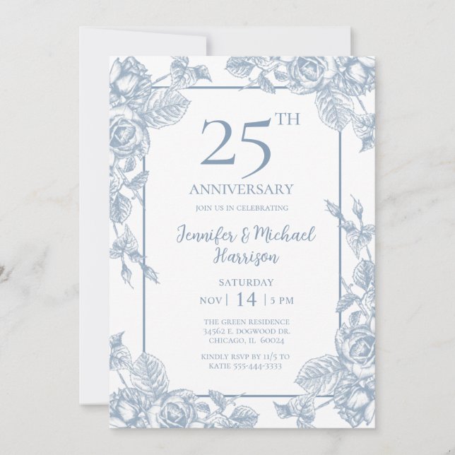 Dusty Blue Floral 25th Anniversary Invitation (Front)