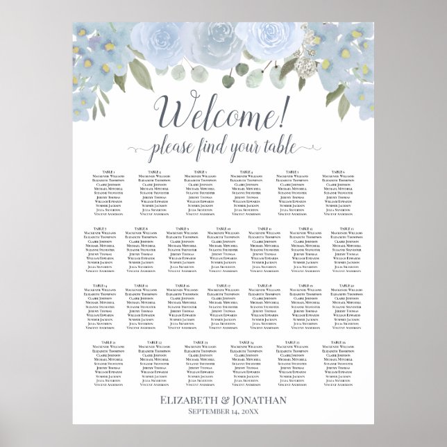 Dusty Blue Floral 26 Table Wedding Seating Chart (Front)