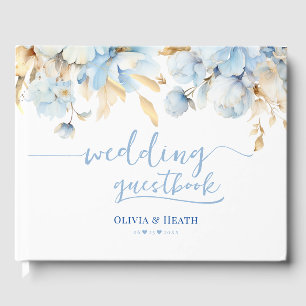 Dusty Blue Floral 2 Gold Wedding  Guest Book