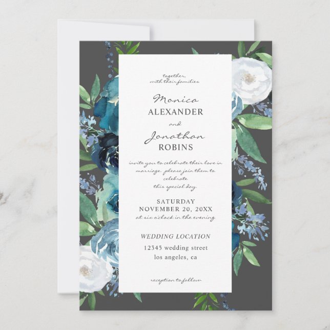 Dusty Blue Floral 2 Grey Wedding Invitation (Front)