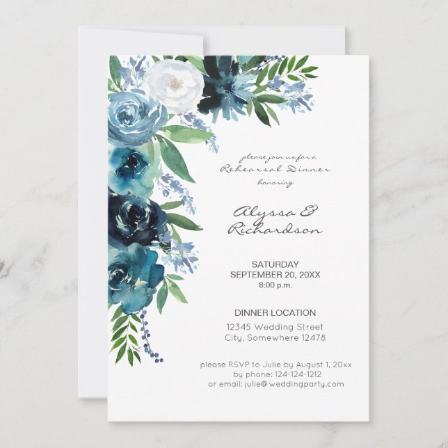 Dusty Blue Floral 2 Rehearsal Dinner Invitation (Front)
