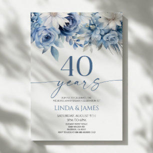 Dusty Blue Floral 40th Wedding Anniversary Invitation
