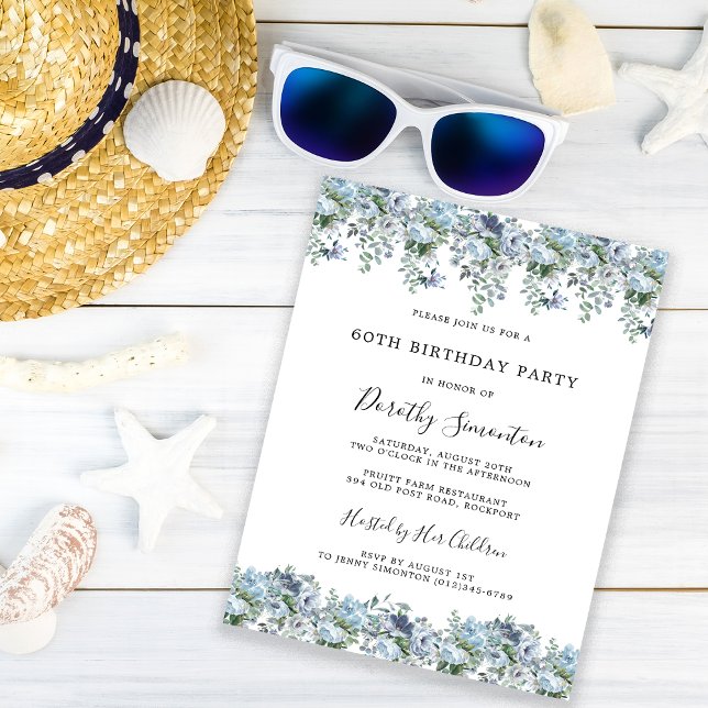 Dusty Blue Floral 60th Birthday Party Invitation (Creator Uploaded)