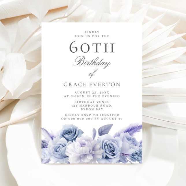 Dusty Blue Floral 60th Birthday Party  Invitation (Creator Uploaded)