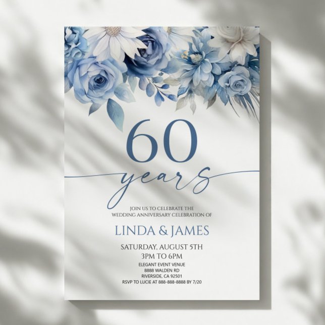 Dusty Blue Floral 60th Wedding Anniversary Invitation (Creator Uploaded)