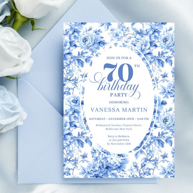 Dusty Blue Floral 70th Birthday Invitation (Dusty Blue Floral 70th Birthday Invitation)