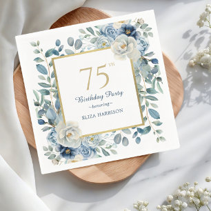 Dusty Blue Floral 75th Birthday  Napkin