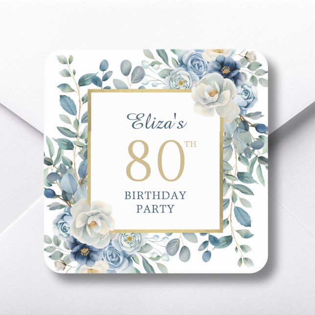 Dusty Blue Floral 80th Birthday Favour Square Sticker (Creator Uploaded)