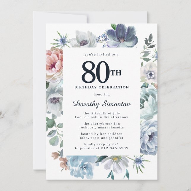 Dusty Blue Floral 80th Birthday Invitation (Front)