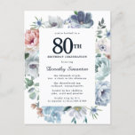 Dusty Blue Floral 80th Birthday Invitation Postcard<br><div class="desc">Honour a special woman with this elegant and feminine 80th Birthday party invitation. 80th is written in large textt. Birthday celebration follows. The honoured guest's name is also in a pretty script. The birthday celebration details are surrounded by a chic dusty blue floral frame that is decorated with white roses...</div>