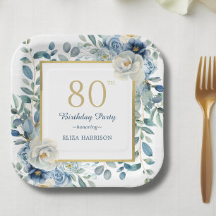 Dusty Blue Floral 80th Birthday  Paper Plate