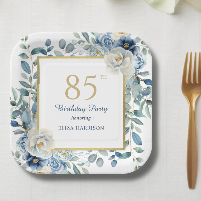 Dusty Blue Floral 85th Birthday  Paper Plate (Creator Uploaded)
