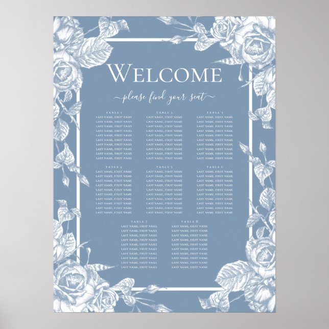 Dusty Blue Floral 8 Table 10 People Seating Chart (Front)