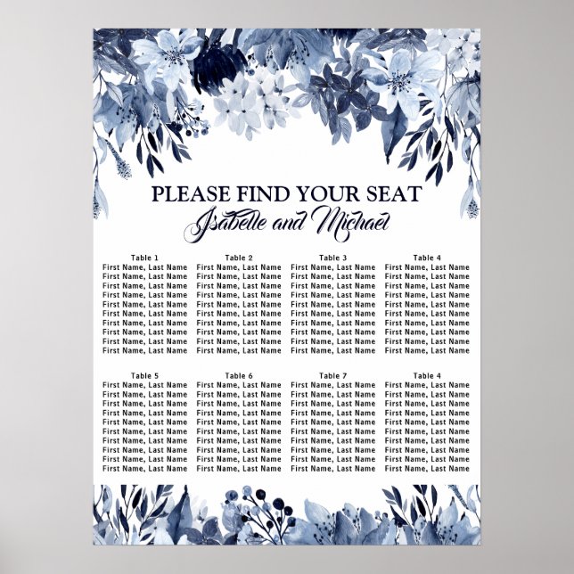 Dusty Blue Floral 8-Table Wedding Seating Chart (Front)