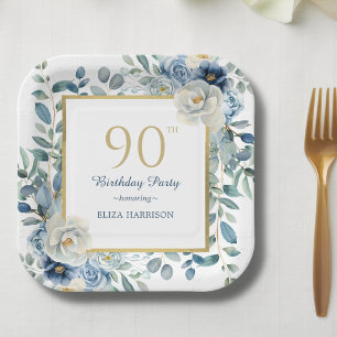Dusty Blue Floral 90th Birthday Paper Plate