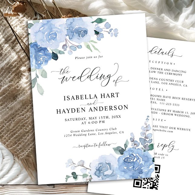Dusty Blue Floral All In One QR Code Light Wedding Invitation (Creator Uploaded)