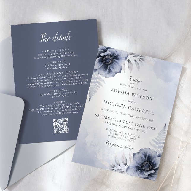 Dusty Blue Floral All In One QR Code Wedding Invitation (Creator Uploaded)