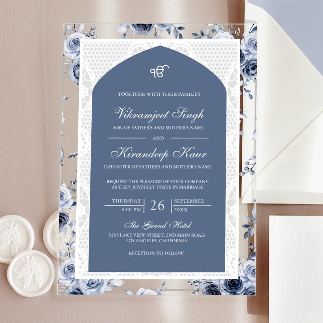 Dusty Blue Floral Anand Karaj Punjabi Sikh Wedding Acrylic Invitations (Creator Uploaded)