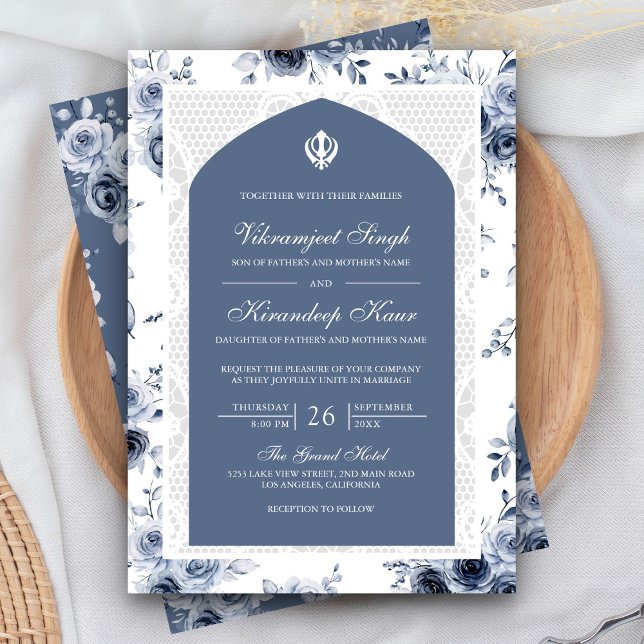 Dusty Blue Floral Anand Karaj Punjabi Sikh Wedding Invitation (Creator Uploaded)