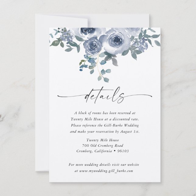 Dusty Blue Floral and Black Wedding Details Card (Front)