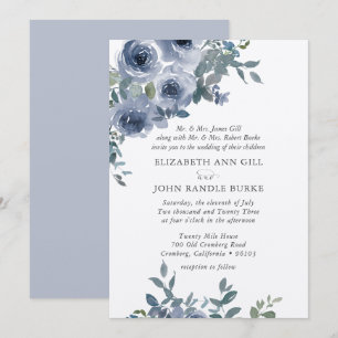Dusty Blue Floral and Grey Formal Wedding Invite