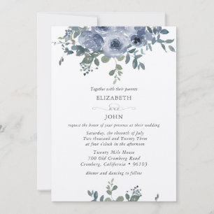 Dusty Blue Floral and Grey Wedding Invitation