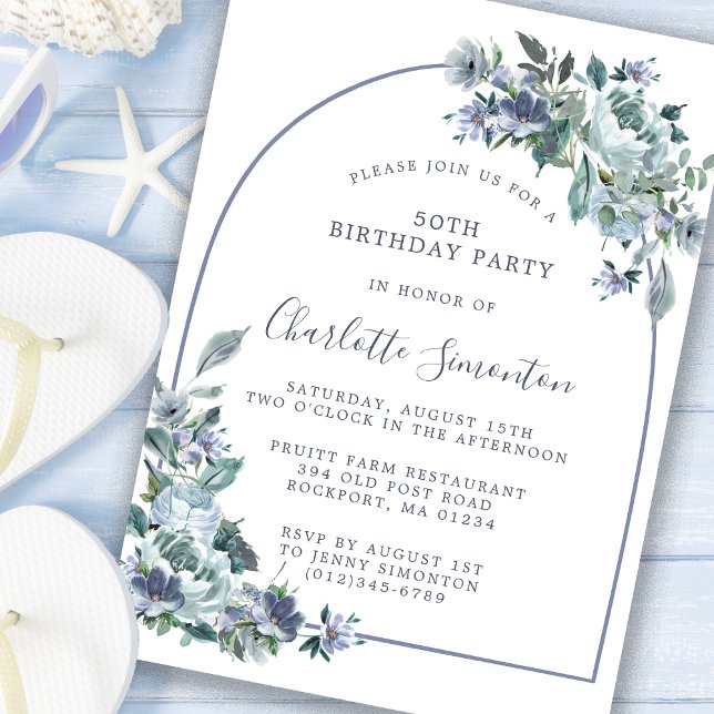 Dusty Blue Floral Arch 50th Birthday Invitation (Creator Uploaded)