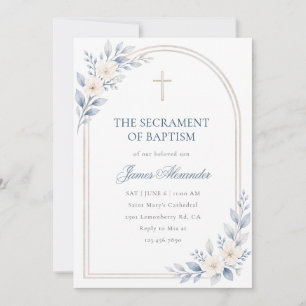 Dusty Blue Floral Arch Cross Boy Baptism Invitation