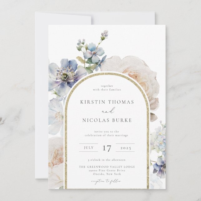 Dusty Blue Floral Arch Frame Wedding Invitation (Front)