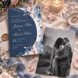 Dusty Blue Floral Arch Wedding Invitation