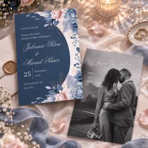 Dusty Blue Floral Arch Wedding Invitation