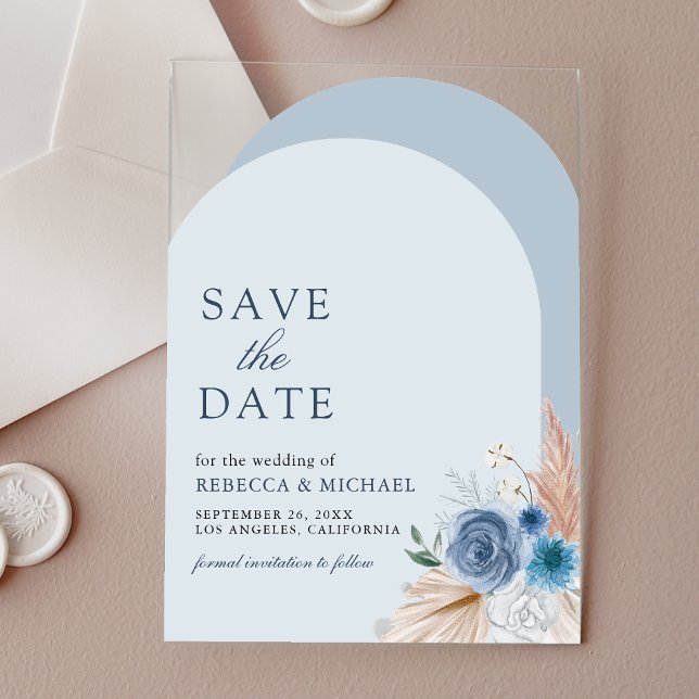 Dusty Blue Floral Arch Wedding Save the Date Acrylic Invitations (Creator Uploaded)